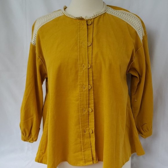 ZARA BASICS Winter Mustard Gold Cotton Corduroy Crochet Button Shirt Blouse Top - Picture 11 of 16